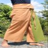 RaanPahMuang Thai Fisherman Pants Loose Yoga, Pirate, Harem, 100% Cotton, Unisex Mens Womens Kimono, Medium-Large, Light Brown Tab Green view 3