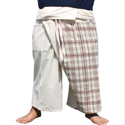 RaanPahMuang Thai Fisherman Pants Loose Yoga, Pirate, Harem, 100% Cotton, Unisex Mens Womens Kimono, X-Small-Small, Cream Tab Plaid Printed Brown