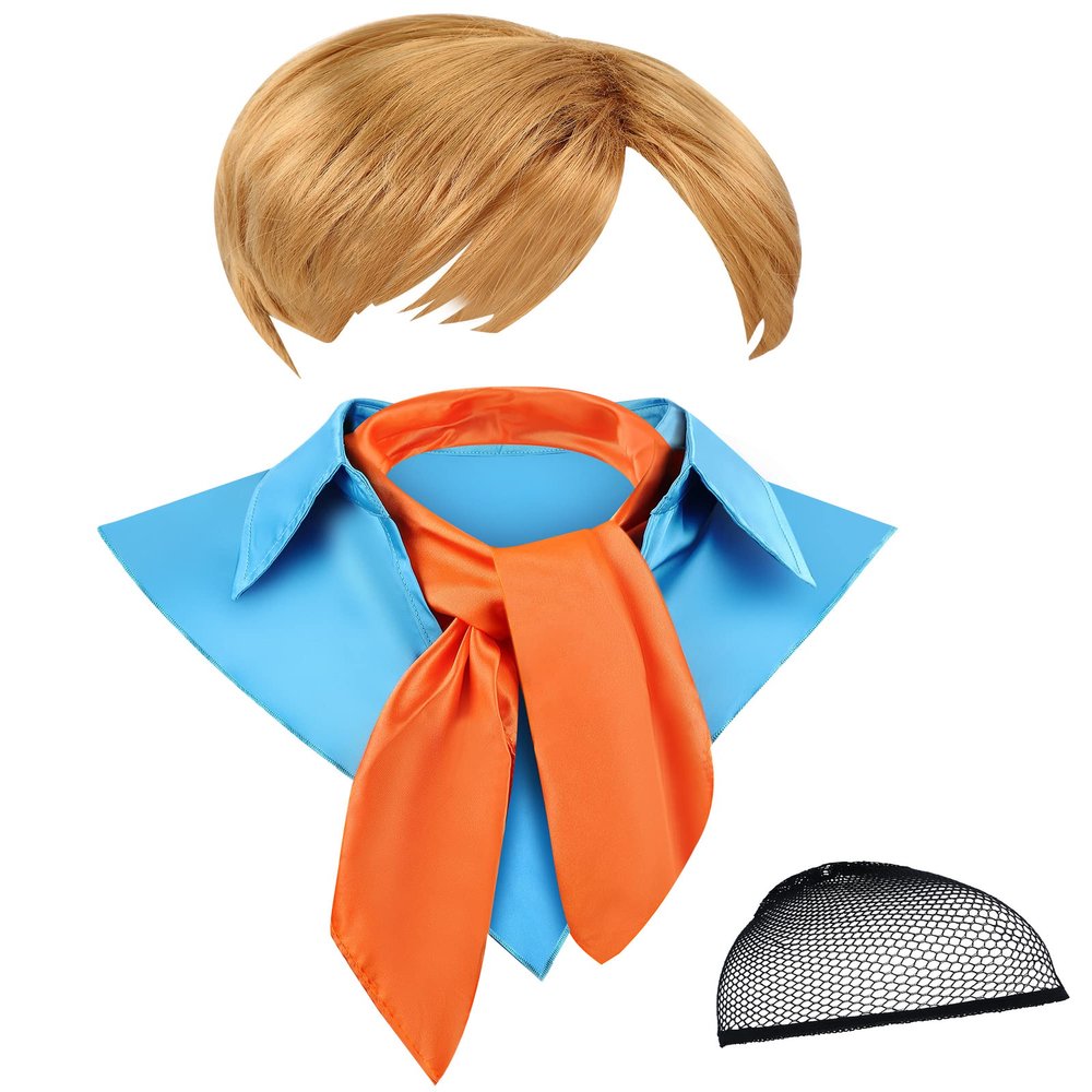 Jecery Halloween Deluxe Costume for Adult Fake Collar Detachable Dickey Collar Orange Square Neck Scarf Synthetic Short Wigs with Mesh Net Wig Caps Cosplay