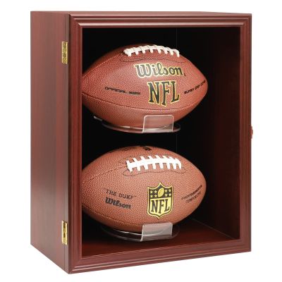 COMSREV Football Case Display Case Wall Mount Full Size Wooden Football Box Memorabilia w/98% UV Acrylic Door Holder Transparent Signed Protective Shelf (Double Ball - Cherry)