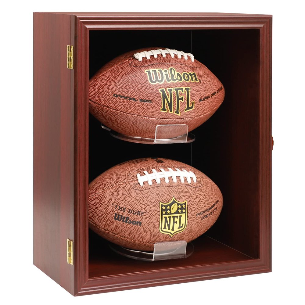 COMSREV Football Case Display Case Wall Mount Full Size Wooden Football Box Memorabilia w/98% UV Acrylic Door Holder Transparent Signed Protective Shelf (Double Ball - Cherry)
