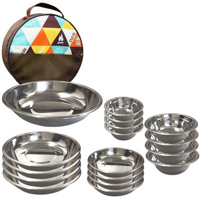 RS Products Outdoor Plate Set, Bowl, Plate, Stainless Steel, Tableware, Multipurpose, Durable, For Family, Camping, Picnics, Barbecues, Outdoor Equipment, Camping Equipment, Barbecues, BBQ Supplies