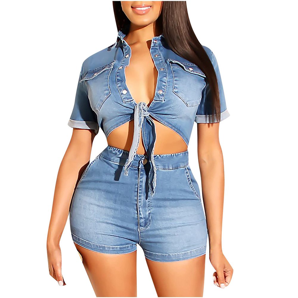 Denim Outfits for Women's 2 Piece Set Summer Party Hot Short Sets Crop Jacket Top and Shorts Sexy Casual Jeans Suit