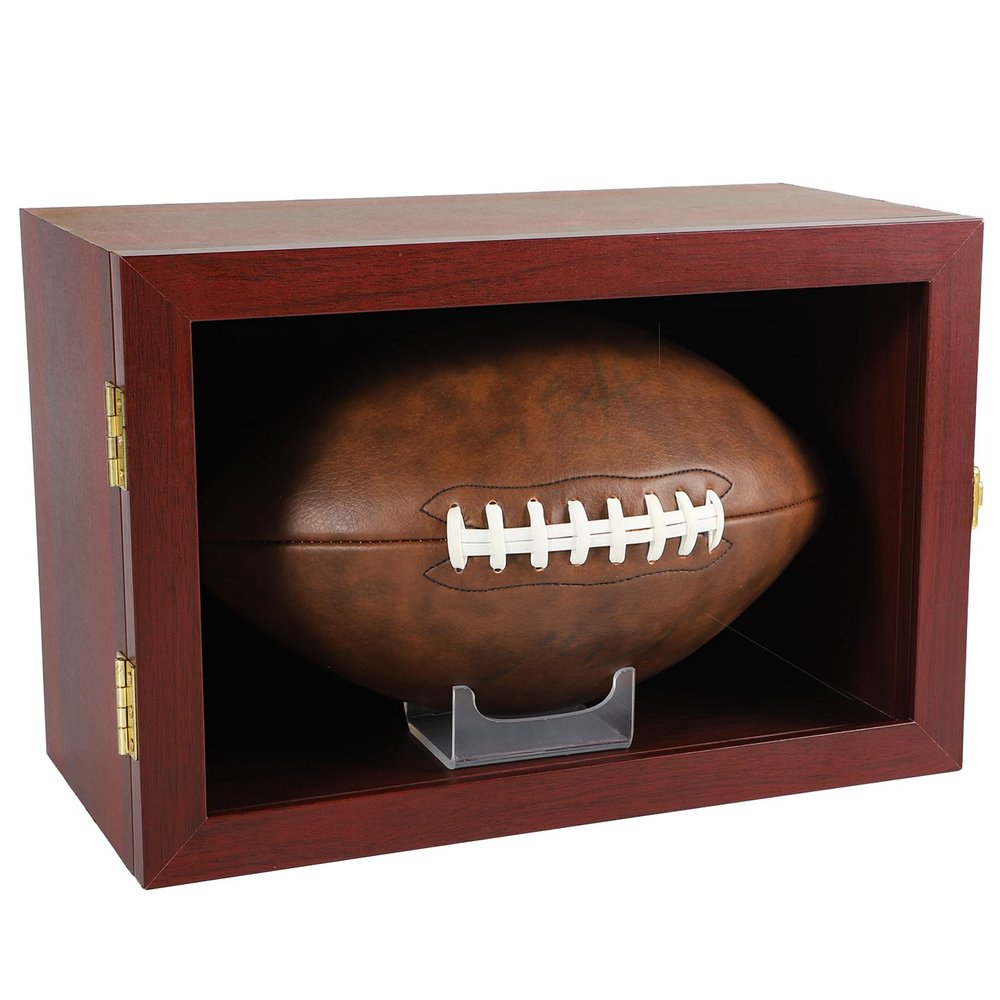 COMSREV Football Case Display Case Wall Mount Full Size Wooden Football Box Memorabilia w/98% UV Acrylic Door Holder Transparent Signed Protective Shelf (Single Ball - Cherry)