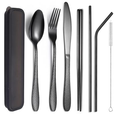 XIAOYU 7-Piece Portable Flatware Set, Travel Camping Utensils Set, Reusable Hammered Silverware Set With Storage Box, Including Fork/Knife/Spoon/Chopsticks/Straws, Black