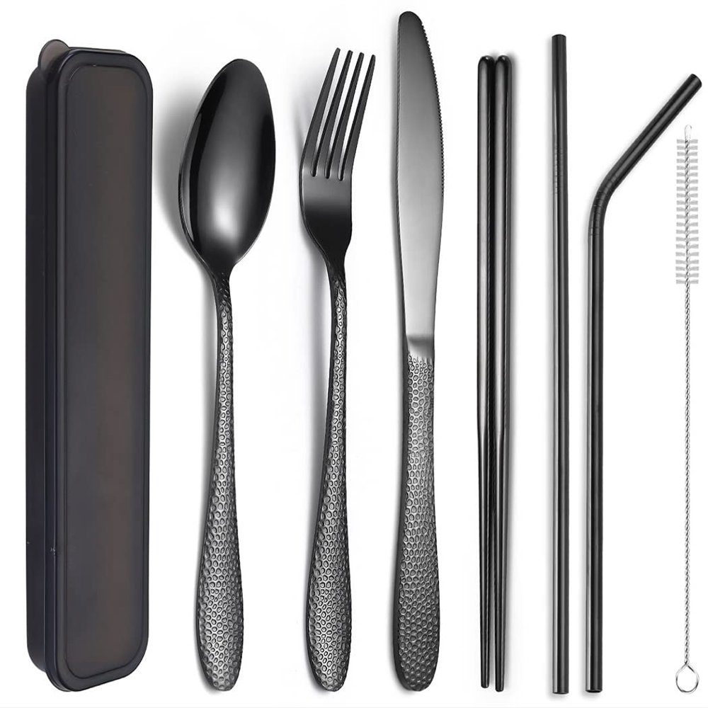XIAOYU 7-Piece Portable Flatware Set, Travel Camping Utensils Set, Reusable Hammered Silverware Set With Storage Box, Including Fork/Knife/Spoon/Chopsticks/Straws, Black