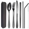 XIAOYU 7-Piece Portable Flatware Set, Travel Camping Utensils Set, Reusable Hammered Silverware Set With Storage Box, Including Fork/Knife/Spoon/Chopsticks/Straws, Black view 1