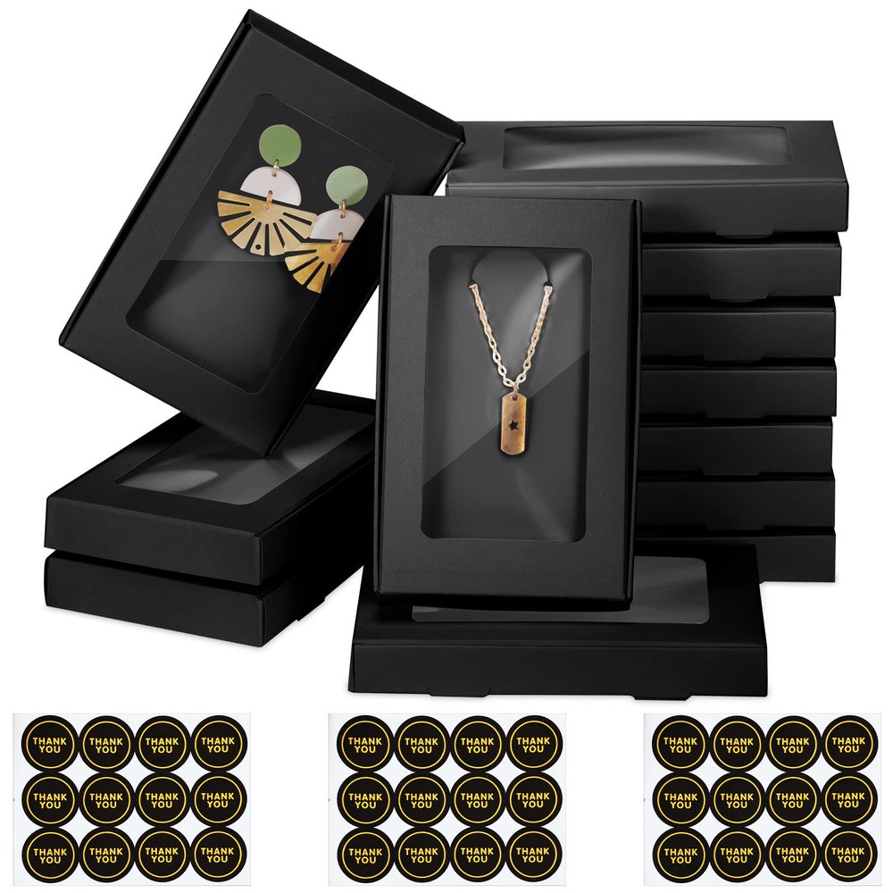 Crtiin 30 Pcs Jewelry Packaging Boxes 5.4"x3.4"x0.7" Cardboard Necklace Gift Boxes Bulk with Clear Window, Display Card and Thank You Stickers for Necklace, Earring, Bracelet, Ring(Black)