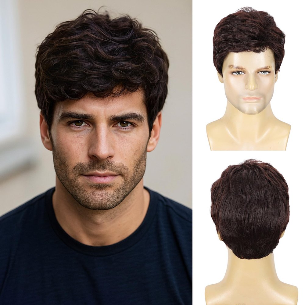 DDHAIR Mens Short Brown Wig Layered Natural Fluffy Synthetic Wigs for Halloween Cosplay Male Man Hair(Dark Brown,6 Inch)