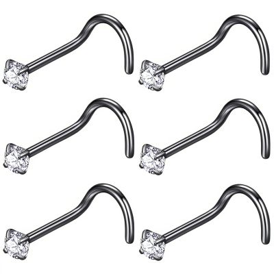 BLESSMYLOVE 6pcs 18g 2.5mm Clear CZ 316L Surgical Steel Black Nose Rings Screw Nose Nostrial Piercing Body Jewerly ScrewNose Studs for Women 18 gauge 2.5mm Cubic Zirconia Stainless Steel Nose Rings