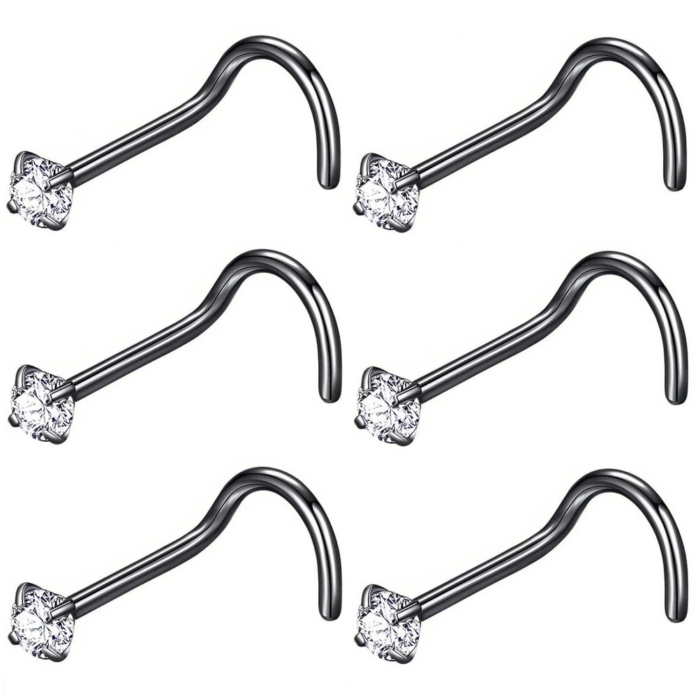BLESSMYLOVE 6pcs 18g 2.5mm Clear CZ 316L Surgical Steel Black Nose Rings Screw Nose Nostrial Piercing Body Jewerly ScrewNose Studs for Women 18 gauge 2.5mm Cubic Zirconia Stainless Steel Nose Rings