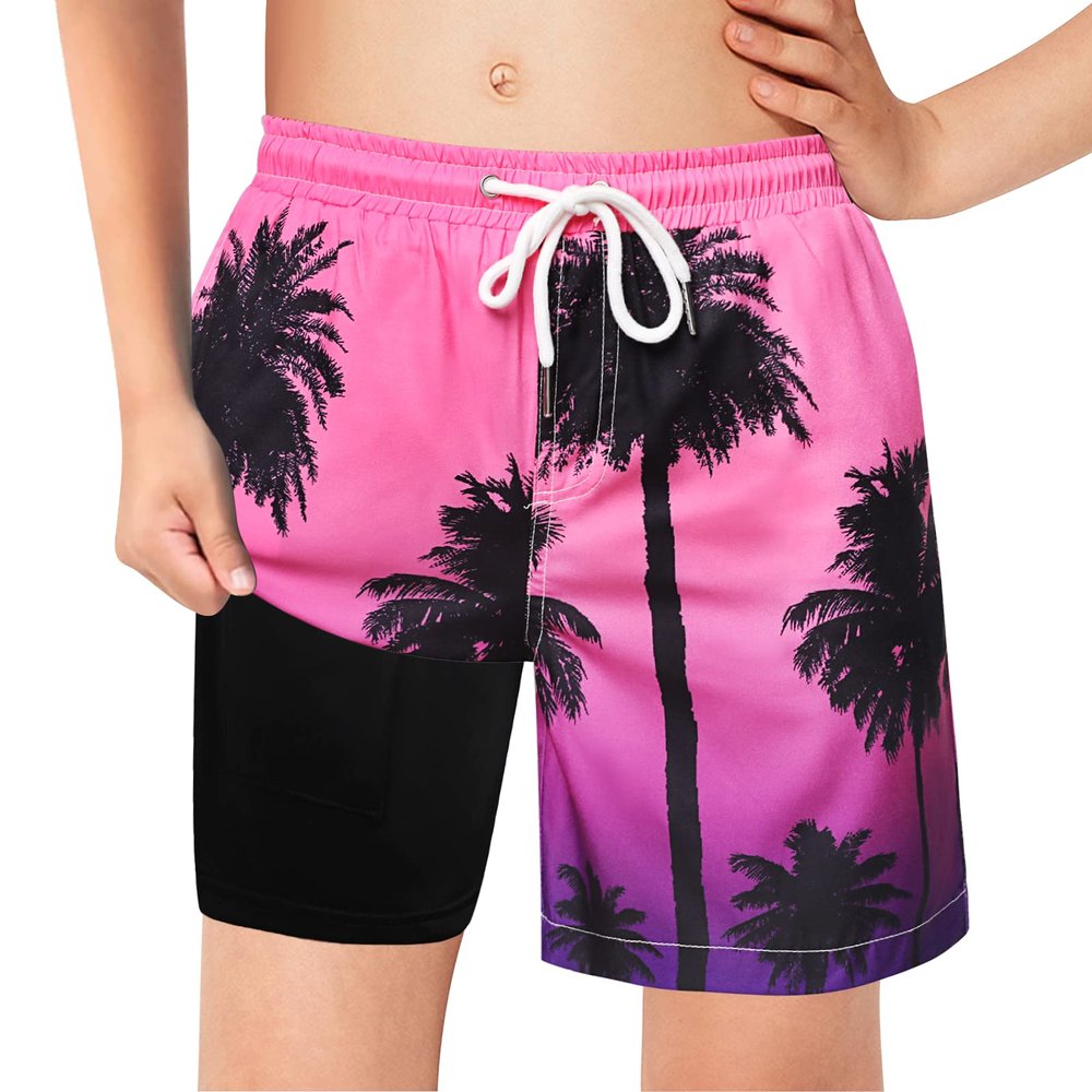 Boys Swim Trunks with Boxer Brief Liner Compression Swim Shorts Quick Dry Bathing Suit Swimwear 5-20 Years