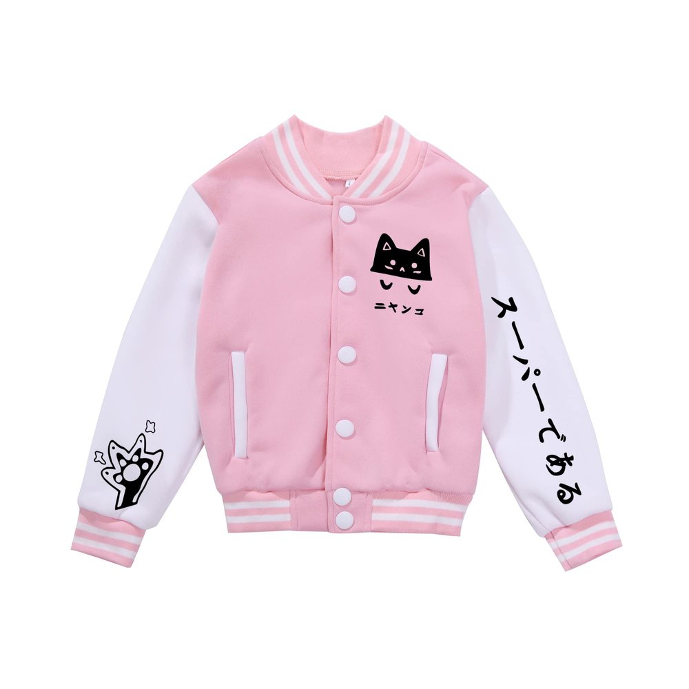 NICNZQI Kids Varsity Jacket Girls Bomber Jacket Baseball Jacket for Boys with Pocket Coat (Pink-Cat,10 Years,10 Years)