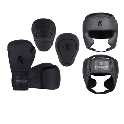 Kruzak Unisex Matte Black Boxing Gloves, Focus Mitts and Head Gear Set for Kickboxing and Muay Thai MMA Training | Fitness Kit for Martial Arts and Karate - 10oz Glove - Large/X-Large Head Gear