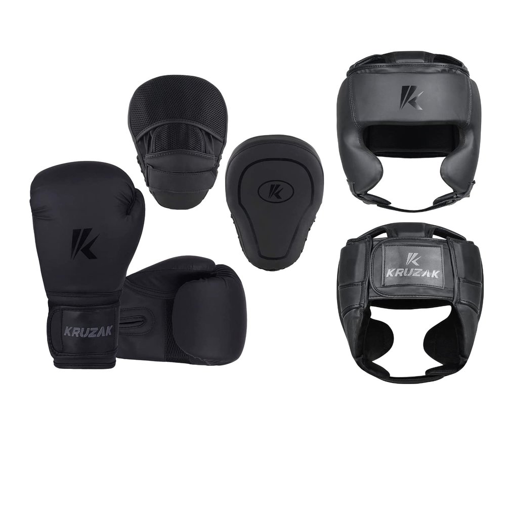 Kruzak Unisex Matte Black Boxing Gloves, Focus Mitts and Head Gear Set for Kickboxing and Muay Thai MMA Training | Fitness Kit for Martial Arts and Karate - 10oz Glove - Large/X-Large Head Gear