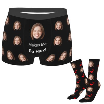 Custom Men's Boxer Briefs with Girlfriend Wife Women's Pet Photo Face and Customized Socks 16 inch, Personalized Underwear Underpants Funny Gifts for Men Husband Boyfriend Fathers Day Christmas