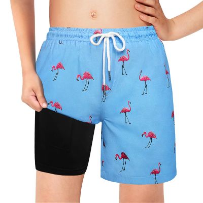 Bobiano Boys Swim Trunks with Boxer Brief Liner Compression Swim Shorts Quick Dry Bathing Suit Swimwear 5-20 Years Blue Flamingo