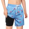Bobiano Boys Swim Trunks with Boxer Brief Liner Compression Swim Shorts Quick Dry Bathing Suit Swimwear 5-20 Years Blue Flamingo view 2