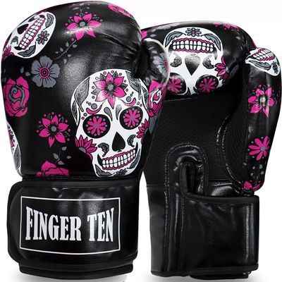 Boxing Gloves Women Punching Sparring Kickboxing MMA Training Heavy Bag Glove Pink White Rosy Black Leather for 8 10 12 14 oz for Womens(Black Printed, 8 oz)