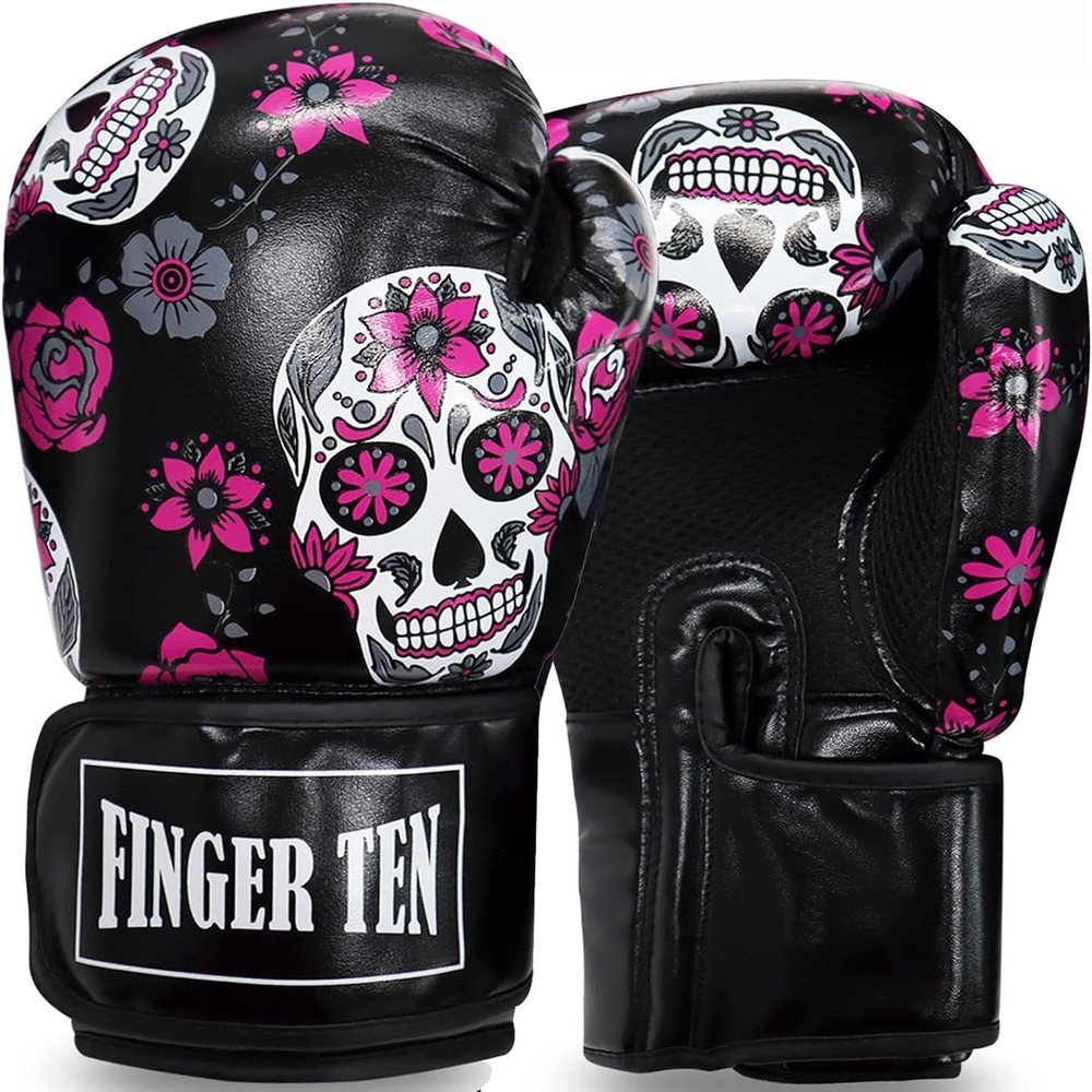Boxing Gloves Women Punching Sparring Kickboxing MMA Training Heavy Bag Glove Pink White Rosy Black Leather for 8 10 12 14 oz for Womens(Black Printed, 8 oz)