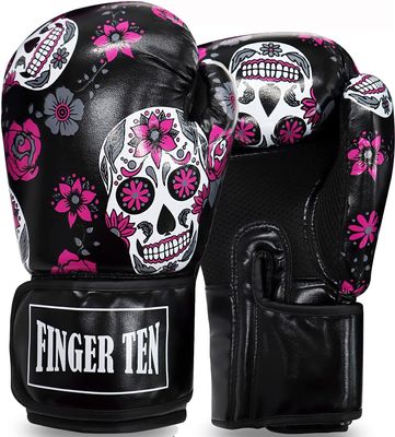 FINGER TEN Boxing Gloves Women Punching Sparring Kickboxing MMA Training Heavy Bag Glove Black Leather 8 10 12 14 oz for Womens (Black Printed, 12 oz)