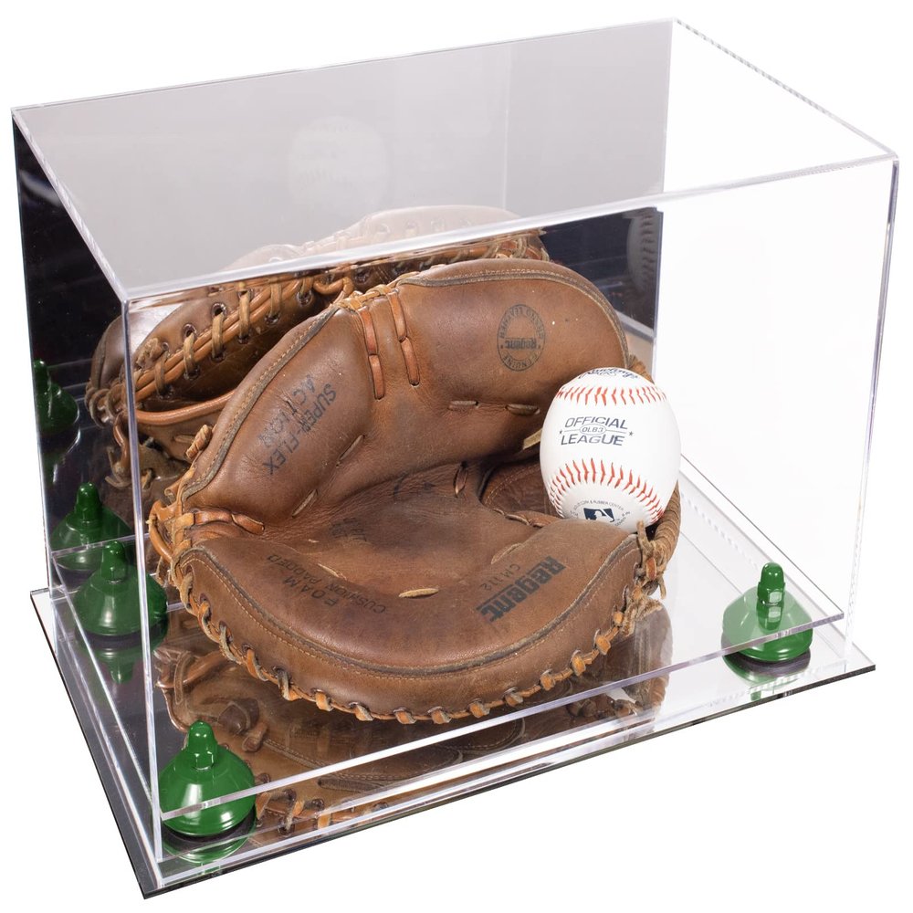 Better Display Cases Acrylic Catchers Glove Display Case with Mirror, Green Risers and Mirror Base (A011/V16)