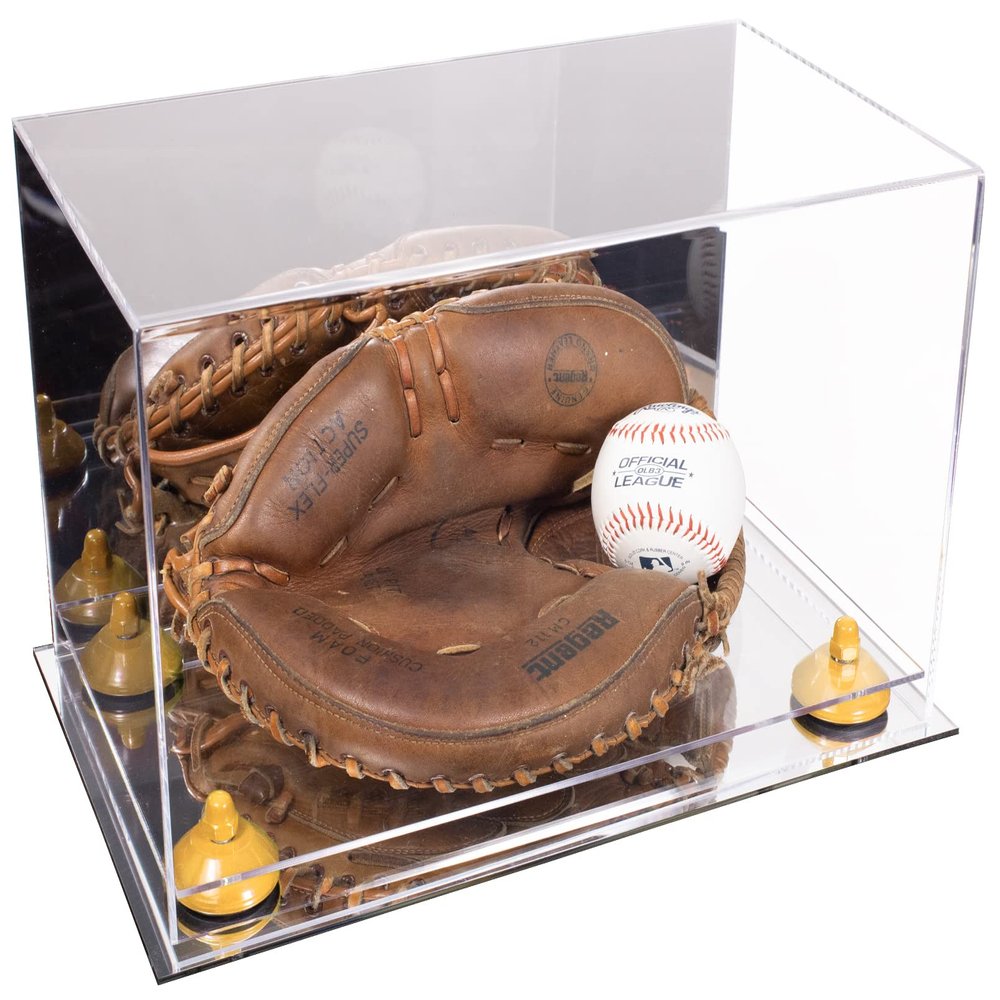 Better Display Cases Acrylic Catchers Glove Display Case with Mirror, Yellow Risers and Mirror Base (A011/V16)