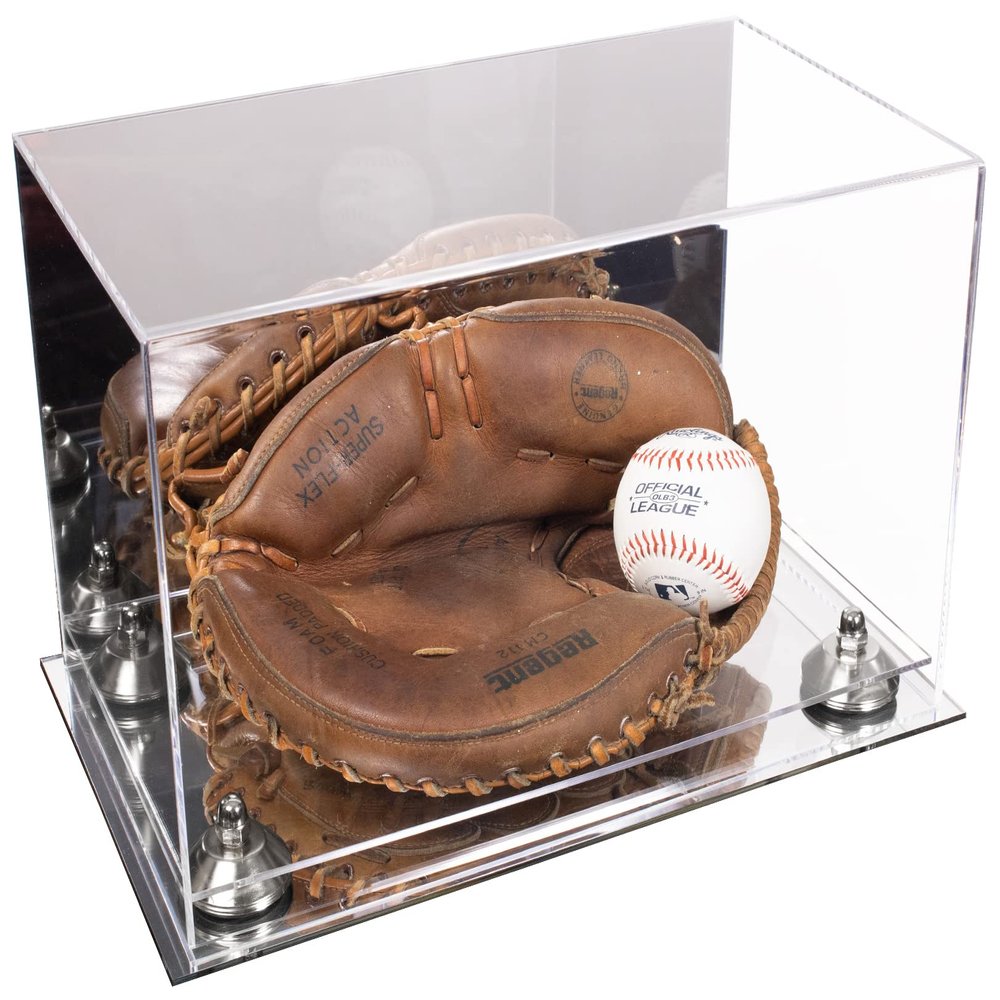 Better Display Cases Acrylic Catchers Glove Display Case with Mirror, Silver Risers and Mirror Base (A011/V16)