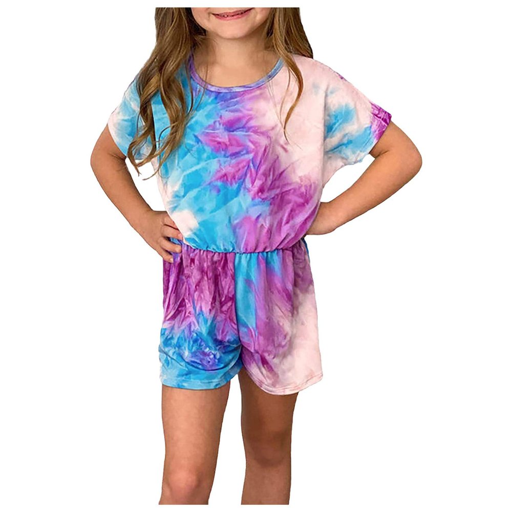 AnFeng Girls Ruffle Sleeve Jumpsuit Long Romper Jumpsuit Trousers Clothes Outfits Elastic Waisted Shorts (Purple, 6-7 Years)
