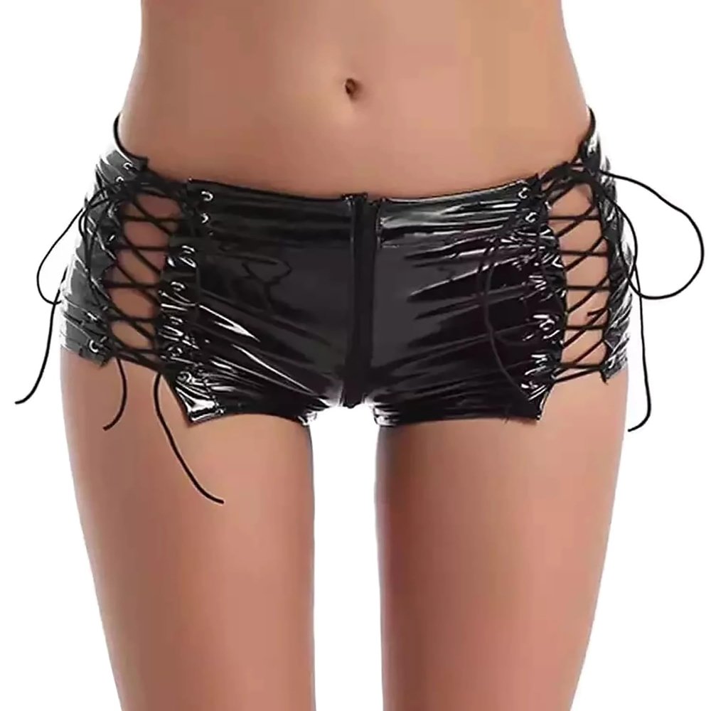 FEOYA Women Mid Rise Side Straps Lace Up Stretch Pu Leather Booty Zipper Crotch Hot Shorts Small