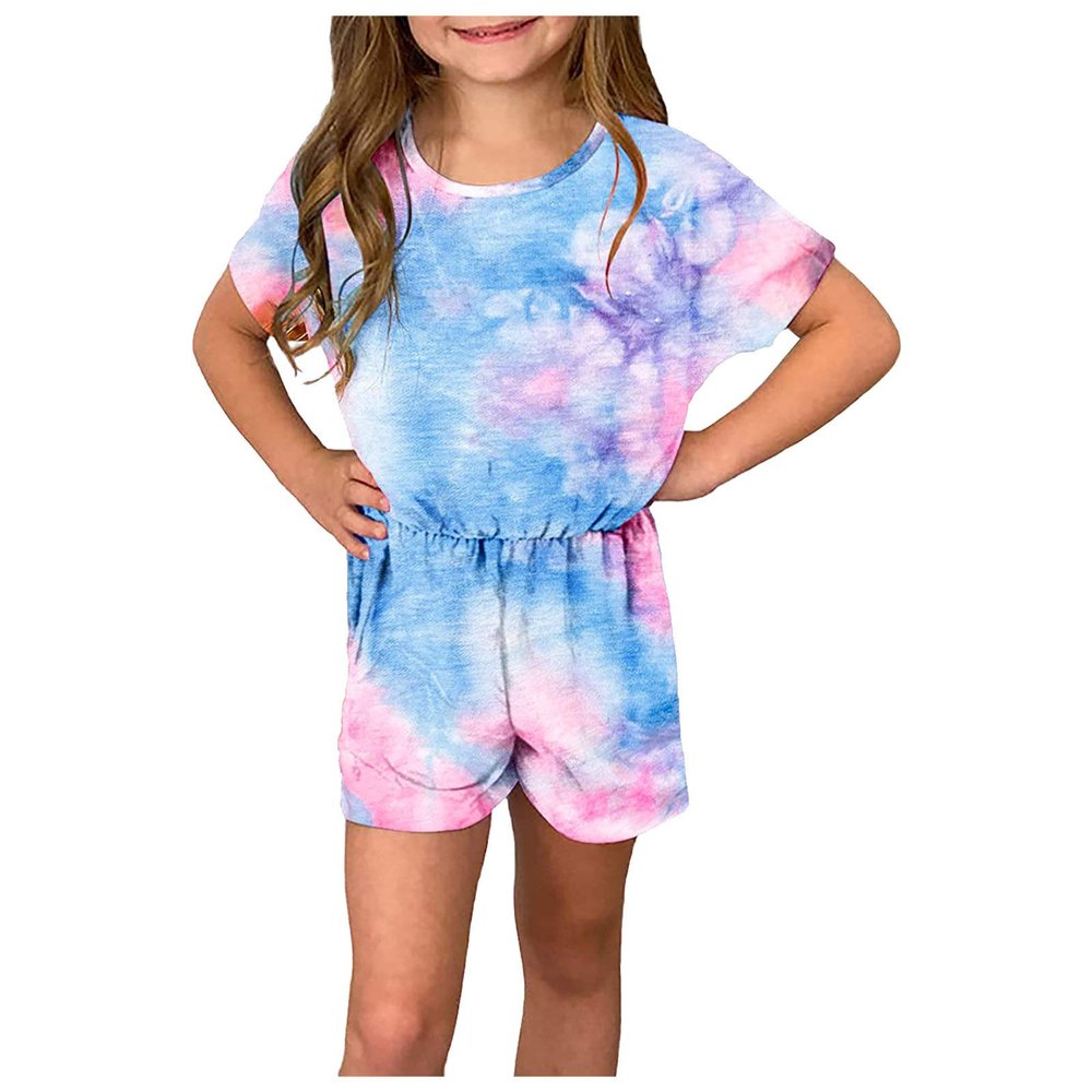 AnFeng Girls Ruffle Sleeve Jumpsuit Long Romper Jumpsuit Trousers Clothes Outfits Elastic Waisted Shorts (Blue, 4-5 Years)