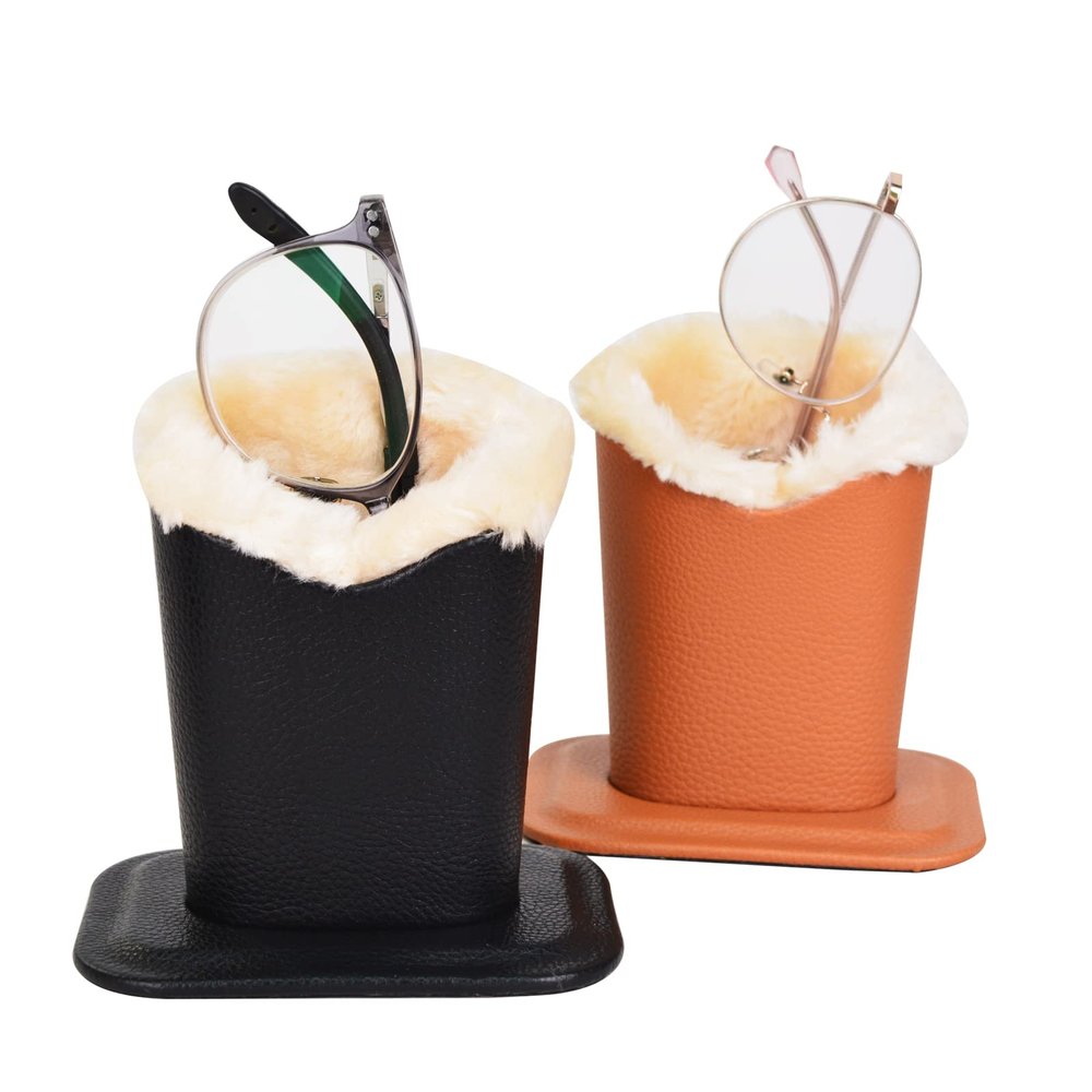 Baitaihem Pack of 2 Plush Lined Eyeglasses Holder Stand Protective Glasses Case For Desks Or NightstandsBlack&Brown