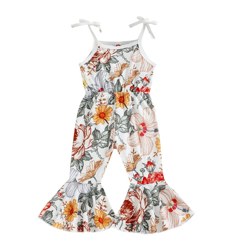 AnFeng Girls Ruffle Sleeve Jumpsuit High Waist Crewneck Playsuit Off Shoulder Floral Print Jumpsuits (White, 12-18 Months)
