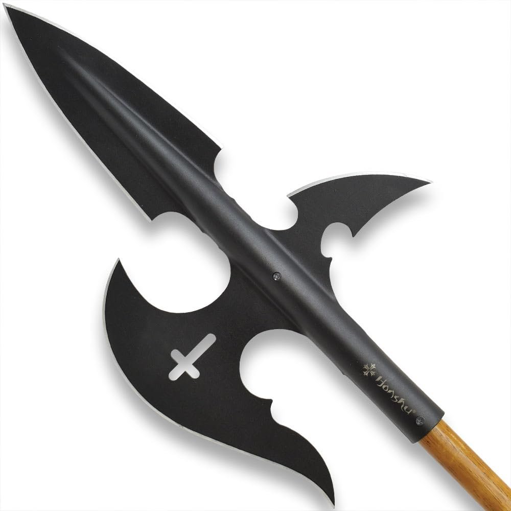 Honshu Halberd Spear | High Carbon Steel | Black Oxide Coating | Cross Cut-Out Accent | Length 19 3/5