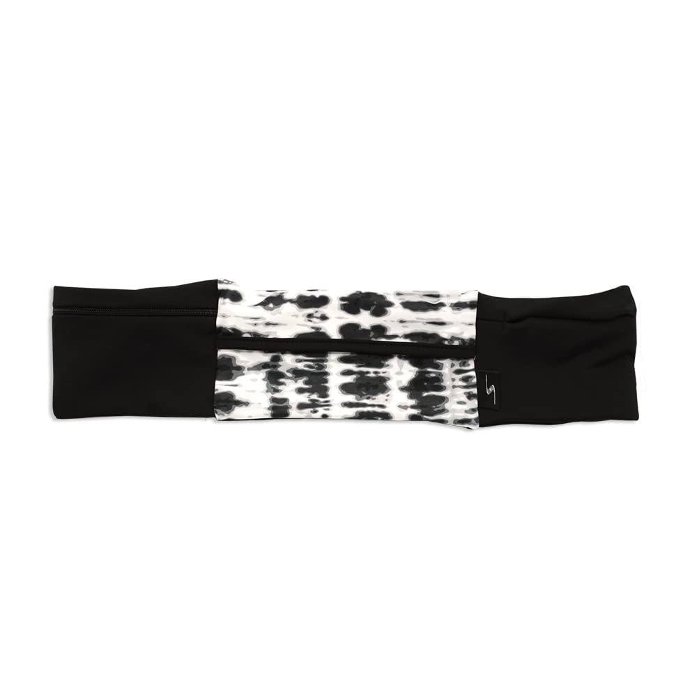 3 Pocket Adjustable Running Belt Waist Pack, Fanny Pack For Working Out With Sweat Resistant Backing, Holds All iPhone Models (Tie Dye/Black, Small/Medium)