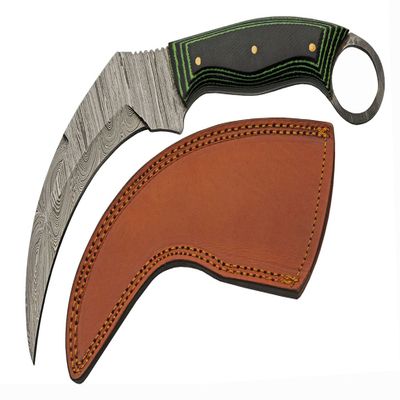 SANZ Damascus Hunting Knife 9 Inch - Green Fixed Blade Camping Knife with Micarta Handle, Full Tang Blade & Sheath for Hunting, Camping & Outdoor uses for Men