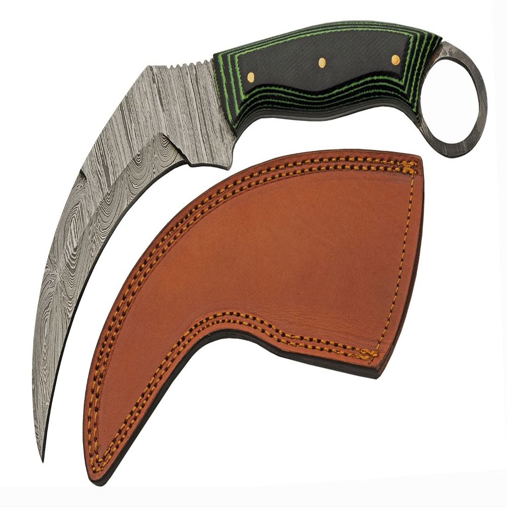 SANZ Damascus Hunting Knife 9 Inch - Green Fixed Blade Camping Knife with Micarta Handle, Full Tang Blade & Sheath for Hunting, Camping & Outdoor uses for Men