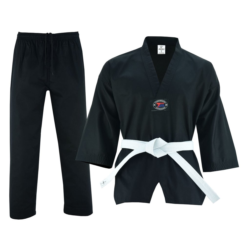Regular Taekwondo Gi Uniform Set 8oz Ultra Light TKD Suit With Belt For Kids Adults Unisex (Black, 0000)