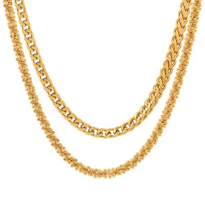Steeltime Stainless Steel Franco Chain Link + Singapore and Cuban + Rope Double Chain Layered Necklace Stack (Singapore + Franco Chain, 18K Gold Plated)