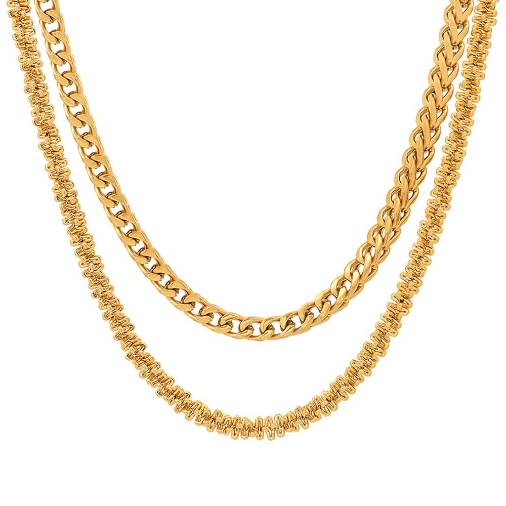 Steeltime Stainless Steel Franco Chain Link + Singapore and Cuban + Rope Double Chain Layered Necklace Stack (Singapore + Franco Chain, 18K Gold Plated)