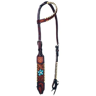 BAR H EQUINE American Leather Horse Saddle Tack One Ear Headstall | Browband Turquoise Bloom