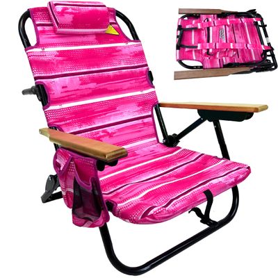 EasyGo Product Backpack Beach Chair 5 Positions and Cup Holder Pouch on Side Padded Pillow Storage Bag on Back Lightweight Rustproof Aluminum Black Frame - 1 Pack Pink Stripes
