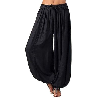 tuduoms Women's Casual Pants Boho Harem Yoga Pilates Plus Size Linen Pleated Baggy Hippie Lounge Pants Loose Palazzo Pants Black