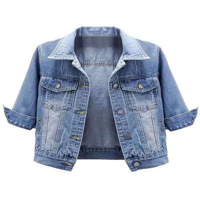 Locachy Womens 3/4 Sleeve Short Denim Jacket Lapel Button Down Cropped Trucker Jean Jackets Coats Light Blue L