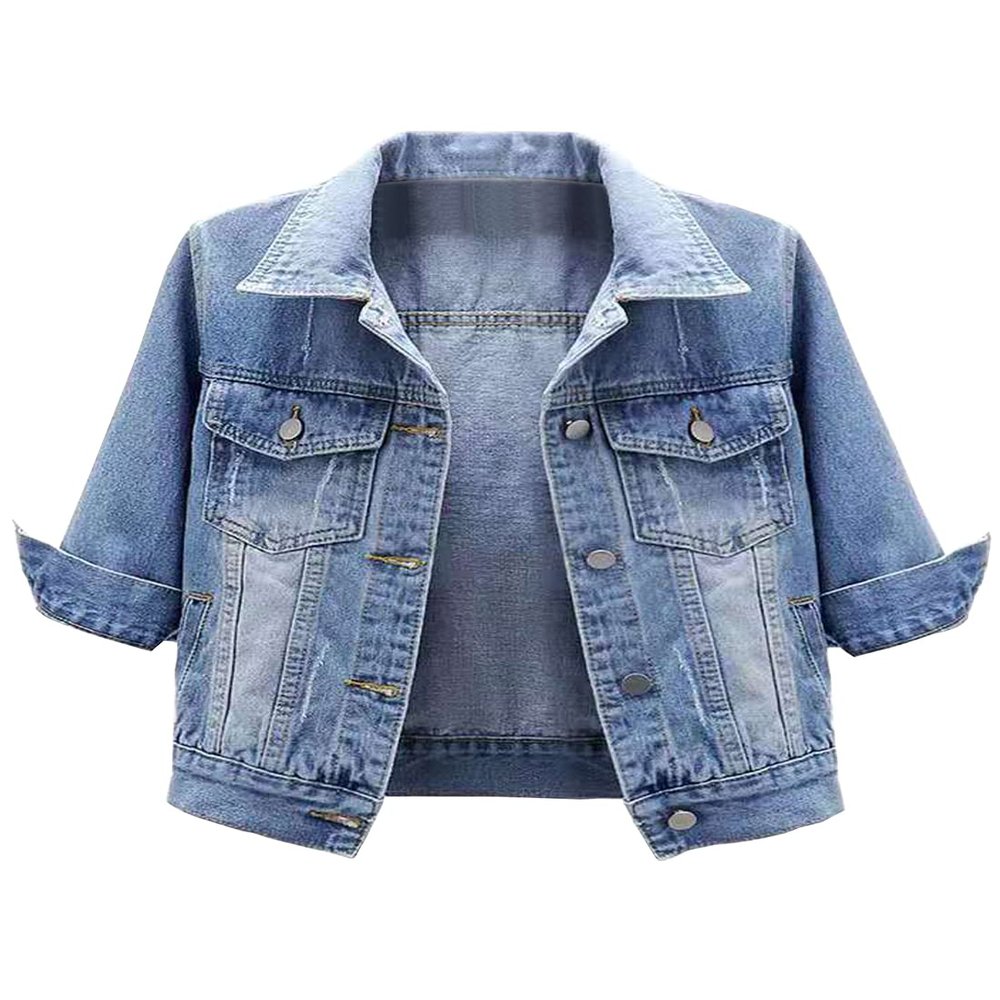 Locachy Womens 3/4 Sleeve Short Denim Jacket Lapel Button Down Cropped Trucker Jean Jackets Coats Light Blue L