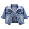 Locachy Womens 3/4 Sleeve Short Denim Jacket Lapel Button Down Cropped Trucker Jean Jackets Coats Light Blue L view 1