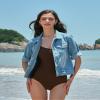 Locachy Womens 3/4 Sleeve Short Denim Jacket Lapel Button Down Cropped Trucker Jean Jackets Coats Light Blue L view 2