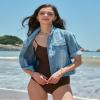 Locachy Womens 3/4 Sleeve Short Denim Jacket Lapel Button Down Cropped Trucker Jean Jackets Coats Light Blue L view 3