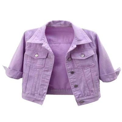Locachy Womens 3/4 Sleeve Short Denim Jacket Lapel Button Down Cropped Trucker Jean Jackets Coats Purple S