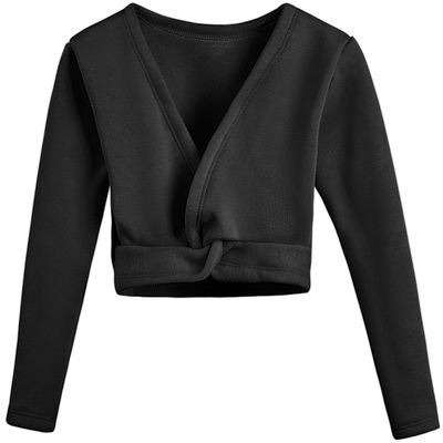 DANSHOW Girls Ballet Wrap Tops Kids Long Sleeve Dance Sweater,Velvet Inner(824-170-06) Black